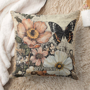 Cojín Decorativo Botánico de peonía mariposa vintage