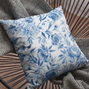 Cojín Decorativo Botánico Floral Acuarela Chinoiserie Azul