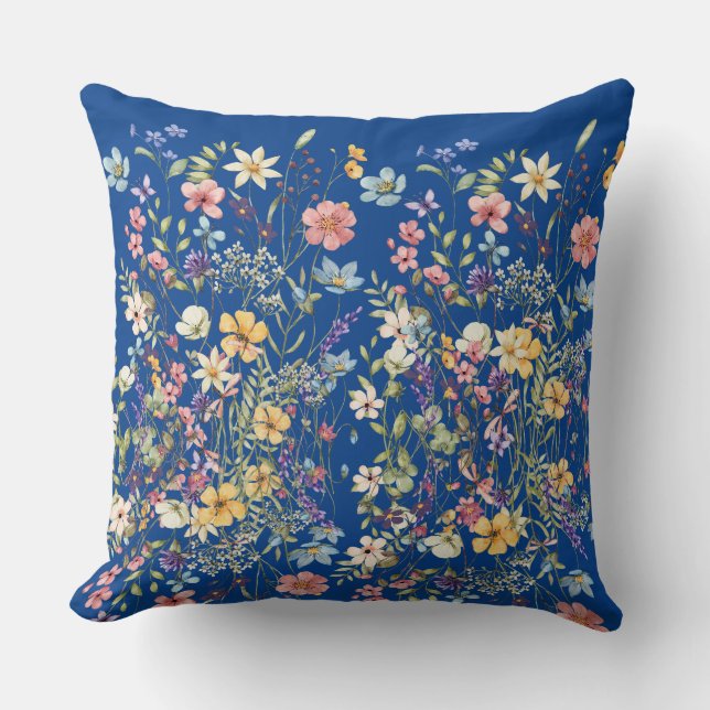 Cojín Decorativo Botánico Floral Azul Cobalto (Anverso)