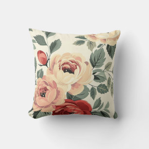 Cojín Decorativo Botánico Floral Romántico Chic Rojo Vintage Crema