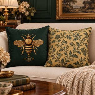 Cojín Decorativo Botánico Francés Antiguo Dorado y Verde Bosque