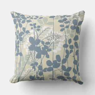 Cojín Decorativo Botánico Japonés Azul Vintage: Helecho de Hoja Cre
