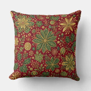 Cojín Decorativo Botánico Navideño de Acebo Verde Dorado Vintage