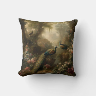 Cojín Decorativo Botánico: tres pavos reales en jardín inglés