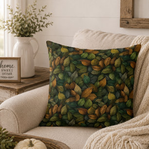 Cojín Decorativo Botánico Verde Dorado Tonos Terrosos Hojas de Otoñ