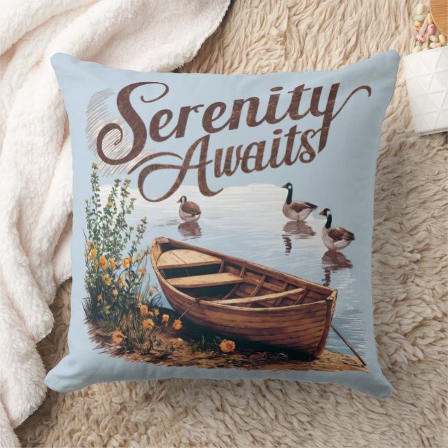 Cojín Decorativo Bote Serene Lake con flores geesas y silvestres (Manta)