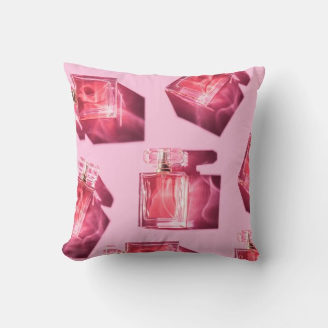Cojín Decorativo Botellas perfumes, fondo rosado, liofilizado (Anverso)