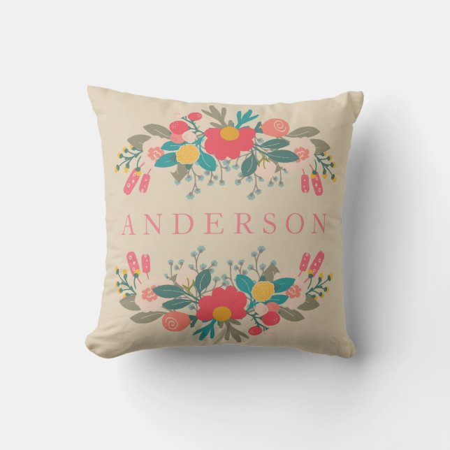 Cojín Decorativo Bouquet floral rosa con nombre (Anverso)
