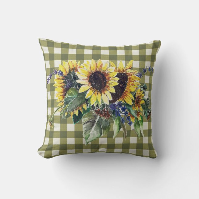 Cojín Decorativo Bouquet girasol en Green Gingham (Anverso)