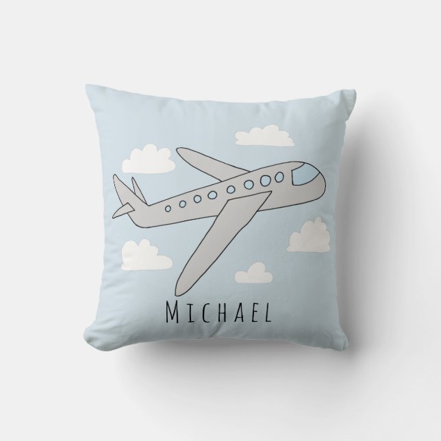 Cojín Decorativo Boys Blue Airplane Travel Design and Name Nursery (Anverso)
