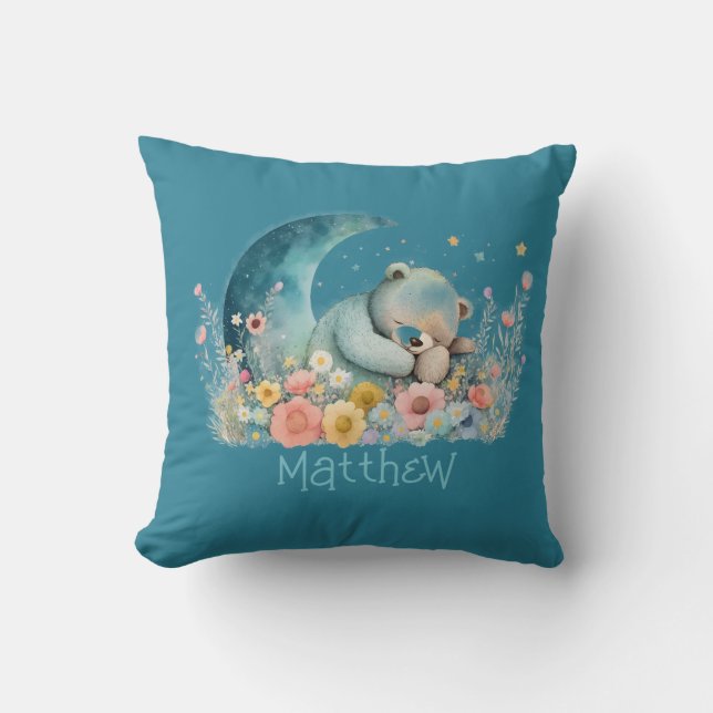 Cojín Decorativo Boys Teddy Bear Wildflowers Moon Personalizado (Anverso)