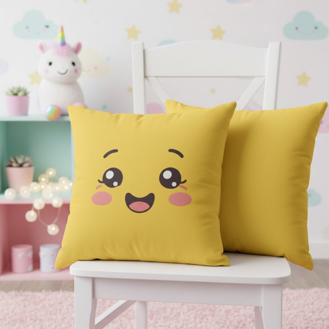 Cojín Decorativo Bright Yellow Kawaii Smiling Face Throw Pillow (Bright yellow kawaii throw pillow for a nursery full of joy.)