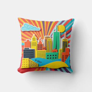 Cojín Decorativo Brillante Collage estilo Cityscape de los años 60