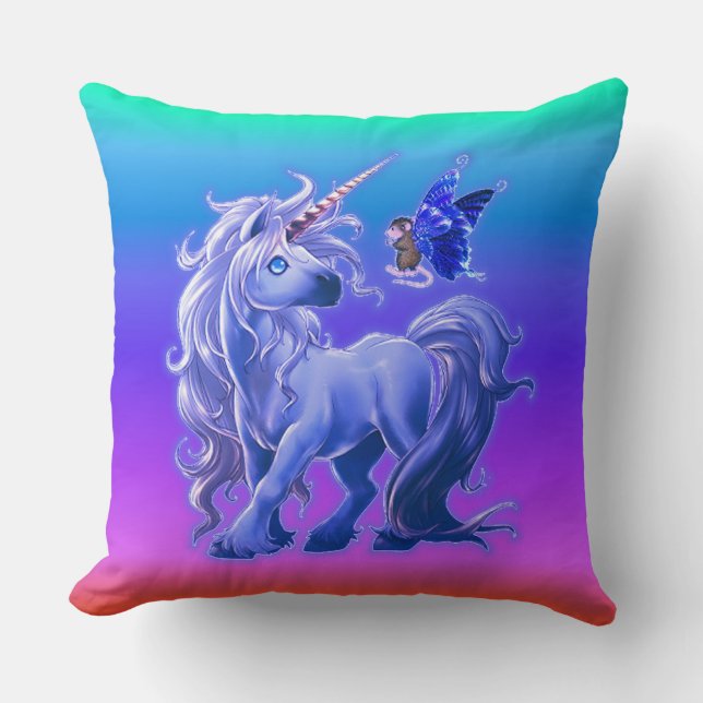 Cojín Decorativo Brillante Pastel Azul Arcoiris Unicornio (Anverso)