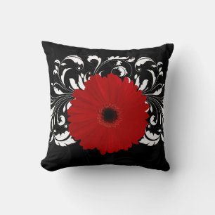 Cojín Decorativo Brillante Red Gerbera Daisy sobre negro