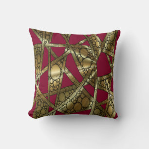 Cojín Decorativo Brillante Resumen de Bambú y Burbujas Rojo y Oro