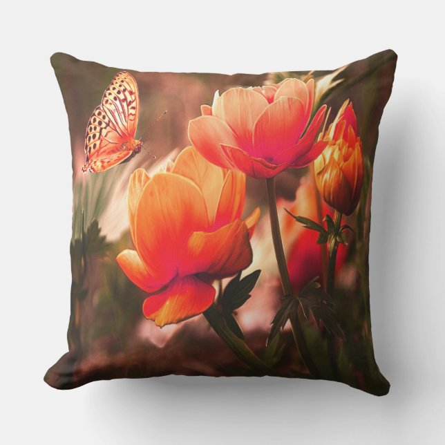 Cojín Decorativo Brillante Rosa Naranja Y Mariposa (Anverso)