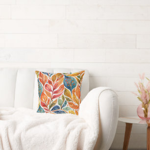 Cojín Decorativo Brillantes hojas abstractas azules y Naranjas