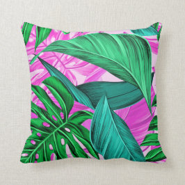 Cojín Decorativo Brillantes hojas rosadas y verdes tropicales