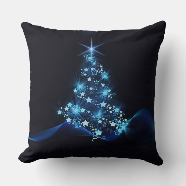 Cojín Decorativo Brillo azul de estrellas en árbol de Navidad oscur (Anverso)
