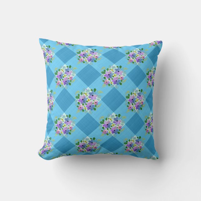 Cojín Decorativo Brillo azul Gingham y País morado floral (Anverso)