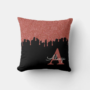 Cojín Decorativo Brillos de Monograma Negro y Rosa Caliente