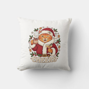Cojín Decorativo Brindis Navidad Naranja Gato Santa Sombrero Bebida
