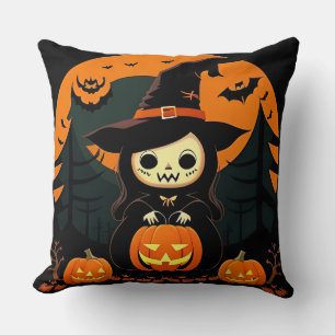 Cojín Decorativo Bruja Adorable Sosteniendo Calabaza en Halloween E
