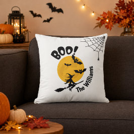 Cojín Decorativo Bruja Boo Personalizada, Murciélagos y Luna Llena