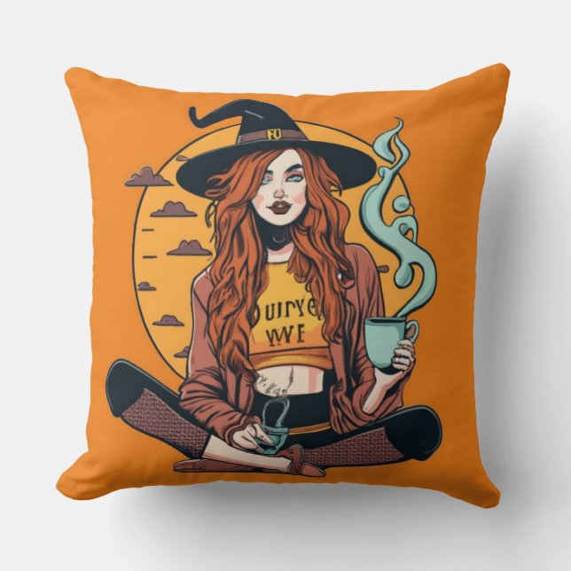 Cojín Decorativo Bruja con café (Anverso)