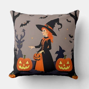 Cojín Decorativo Bruja con calabazas, murciélagos y decoración espe