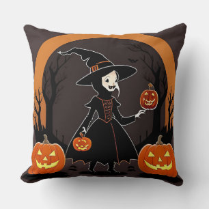 Cojín Decorativo Bruja con calabazas, murciélagos y decoración espe