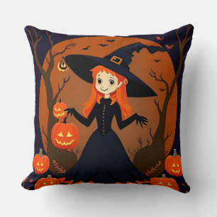 Cojín Decorativo Bruja con calabazas, murciélagos y decoración espe