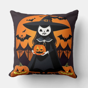 Cojín Decorativo Bruja con calabazas, murciélagos y decoración espe
