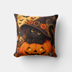 Cojín Decorativo Bruja de Gato Negro Calabaza de Halloween Otoño Cu