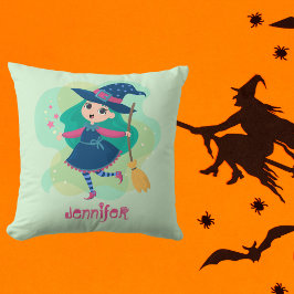 Cojín Decorativo Bruja de Halloween adorable con escoba y estrellas