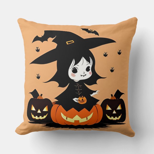 Cojín Decorativo Bruja de Halloween con calabazas (Anverso)