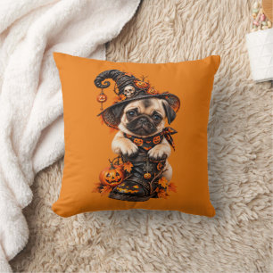 Cojín Decorativo Bruja de Halloween con Pug Adorable y Calabaza