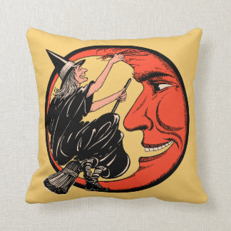 Cojín Decorativo Bruja de Halloween del vintage en su escoba