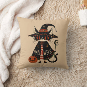 Cojín Decorativo Bruja de Halloween Gato y Calabaza