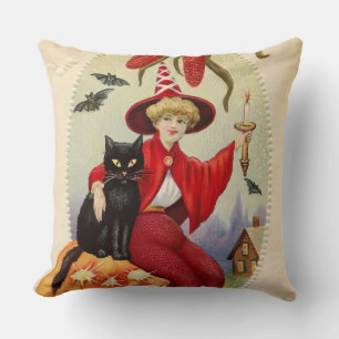 Cojín Decorativo Bruja de Halloween vintage y gato negro