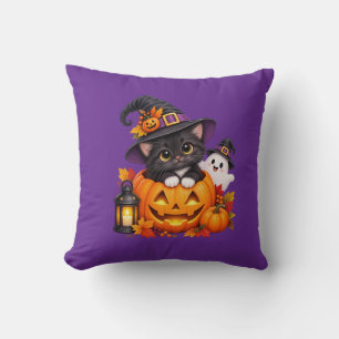Cojín Decorativo Bruja de Halloween y gato fantasma personalizados