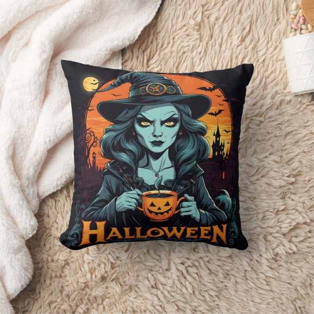 Cojín Decorativo Bruja disfrutando de una bebida de calabaza en la  (Manta)