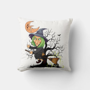 Cojín Decorativo Bruja espeluznante de Halloween volando en escoba