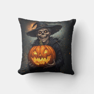 Cojín Decorativo Bruja Esqueleto Con Calabaza Brillante Halloween �