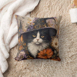 Cojín Decorativo Bruja Gato Negro Floral Otoño Whimsigótico Negro