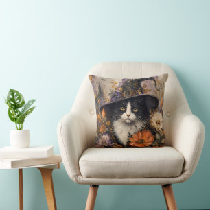 Cojín Decorativo Bruja Gato Negro Floral Otoño Whimsigótico Negro