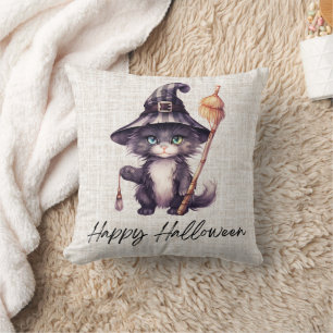 Cojín Decorativo Bruja Gato Negro Sombrero Arpillera Feliz Hallowee