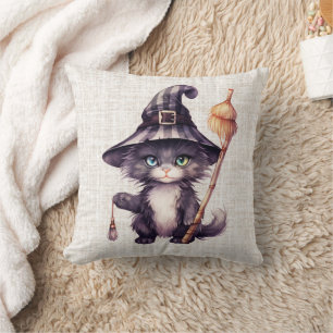 Cojín Decorativo Bruja Gato Negro Sombrero Arpillera Halloween