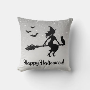 Cojín Decorativo Bruja Glamurosa Gris y Negro Feliz Halloween